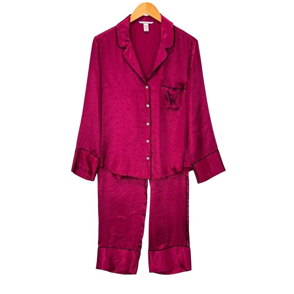 Victoria's Secret Pajama Set Womens M Top S Pants Magenta Satin Black Piping 2pc